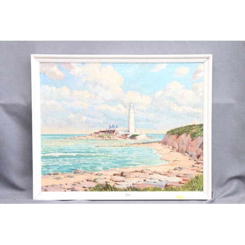 453 - THOMAS A SCURFIELD, island lighthouse, possibly St Mary's Lighthouse Whitley Bay, oil painting on bo... 