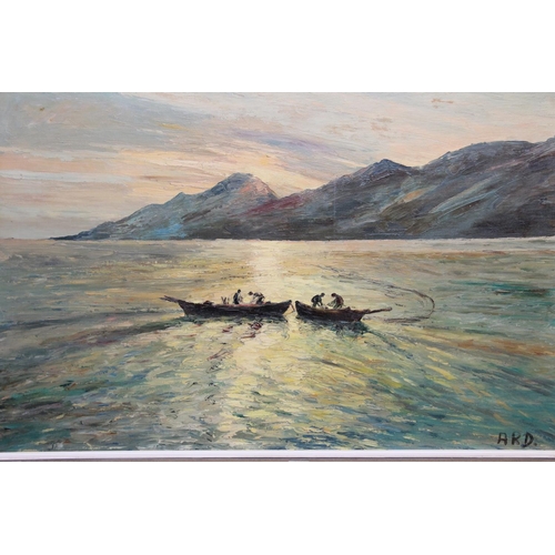 462 - ARD, fishermen hauling in their catch before sloping mountain, oil on board, signed with initials lo... 