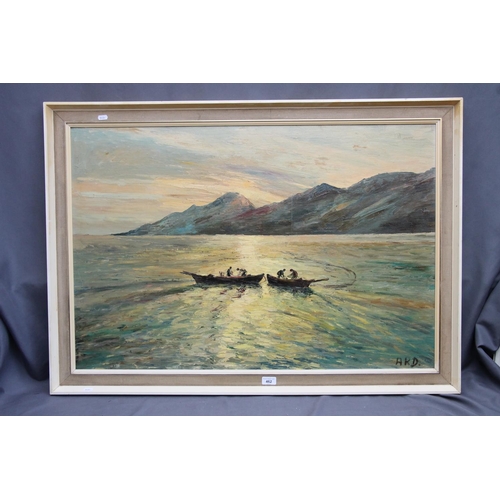 462 - ARD, fishermen hauling in their catch before sloping mountain, oil on board, signed with initials lo... 