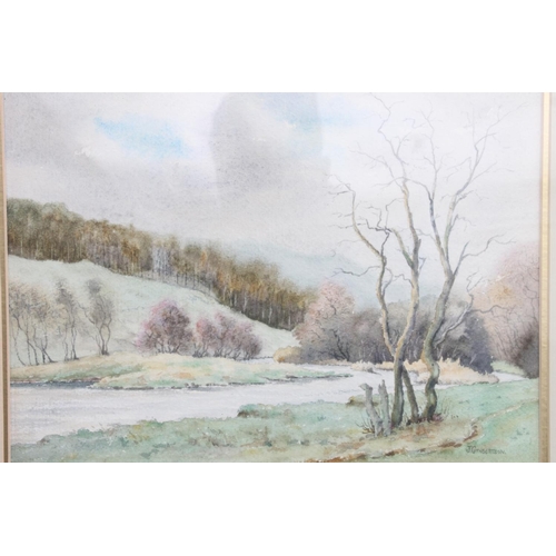 466 - J CUTHBERTSON, river bend, watercolour, signed lower right, 26cm x 35cm, gilt frame 53cm x 63cm.