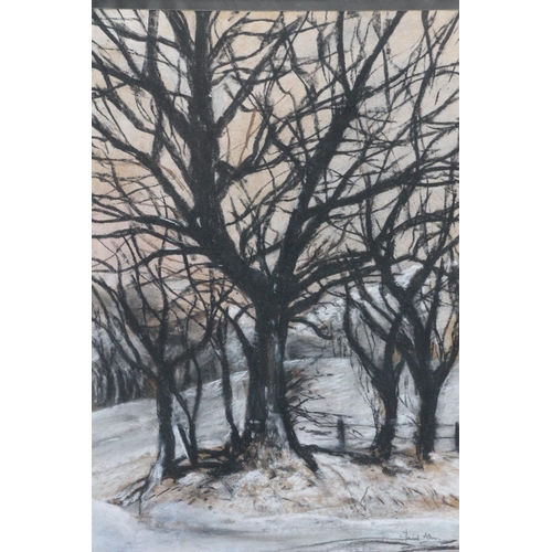 475 - DAVID ALLAN, trees in winter, pastel, signed lower right, 47cm x 37cm, and two needlework panels. (2... 