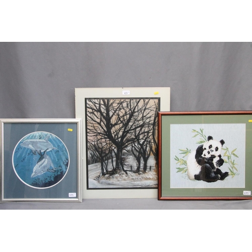 475 - DAVID ALLAN, trees in winter, pastel, signed lower right, 47cm x 37cm, and two needlework panels. (2... 