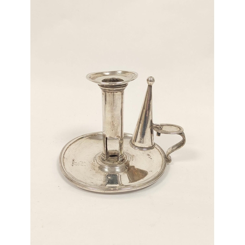 59 - Silver chamber candlestick, circular with reeded edges, candle saver and snuffer by Peter and Anne B... 