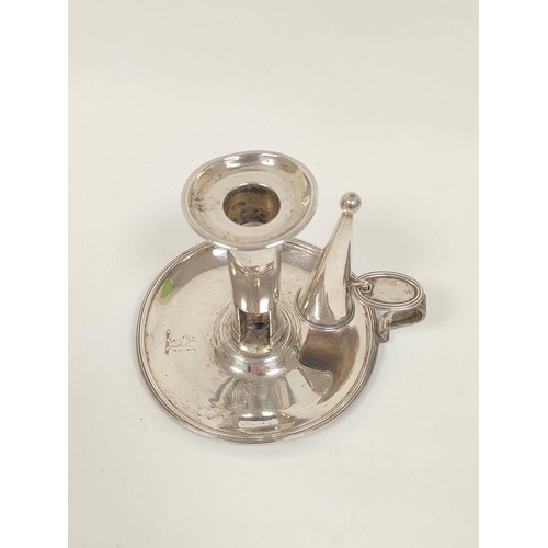 59 - Silver chamber candlestick, circular with reeded edges, candle saver and snuffer by Peter and Anne B... 