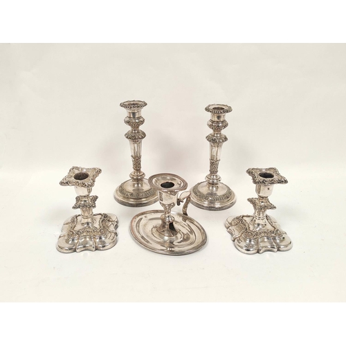 61 - Pair of old Sheffield plated table candlesticks c1810, 21cm, and a pair of dwarf candlesticks, chamb... 