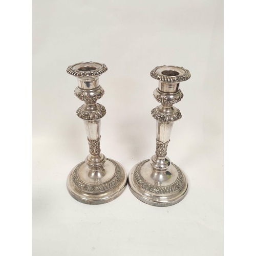 61 - Pair of old Sheffield plated table candlesticks c1810, 21cm, and a pair of dwarf candlesticks, chamb... 