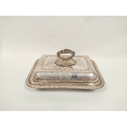 63 - Pair of old Sheffield plated rectangular entrée dishes with gadrooned edges with covers, handles and... 