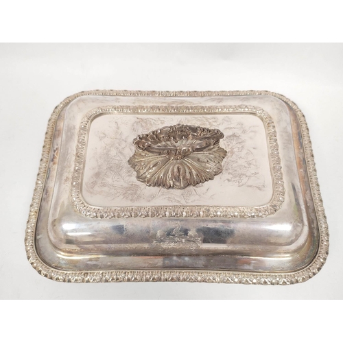 63 - Pair of old Sheffield plated rectangular entrée dishes with gadrooned edges with covers, handles and... 