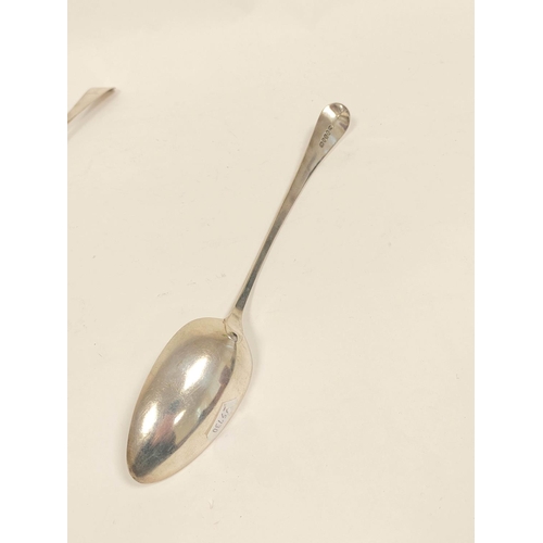 67 - Pair of silver serving spoons, crested, by John Langlands, Newcastle c1775 and W. Sutton (London) 18... 