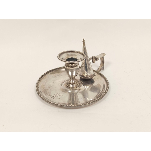 70 - Silver chamber candlestick, crested with circular beaded edges, with extinguisher, c1863, by Henry C... 