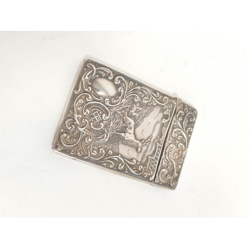 78 - Silver card case embossed with a stag amongst scrolls, Birmingham 1905.