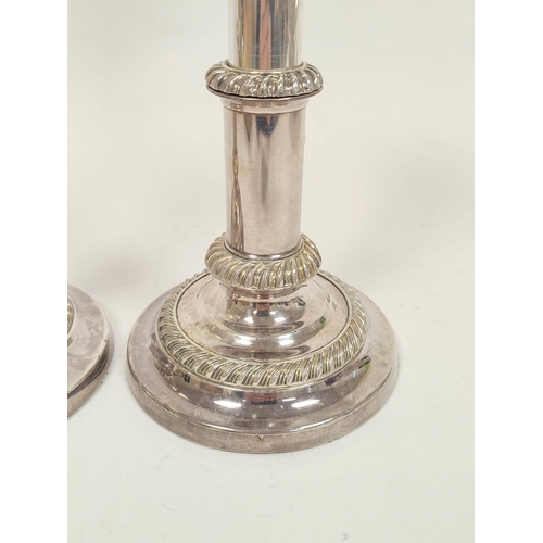 81 - Pair of old Sheffield plated sliding candlesticks with gadrooned edges c1815, 19cm, closed.