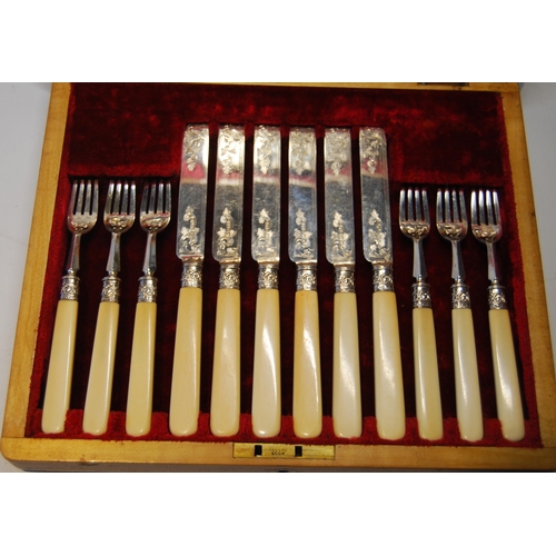 27 - Set of twelve silver fruit knives and twelve forks, white handles, by Mappins, Sheffield 1898, cased... 