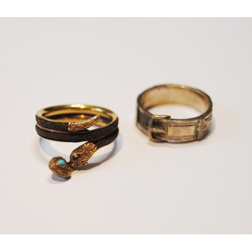 97 - Victorian serpent mourning ring with turquoise drop and another, of buckle form, both size K.  (2)