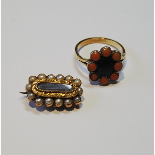 98 - Georgian gold mourning brooch with pearls and a ring with coral, size Q.