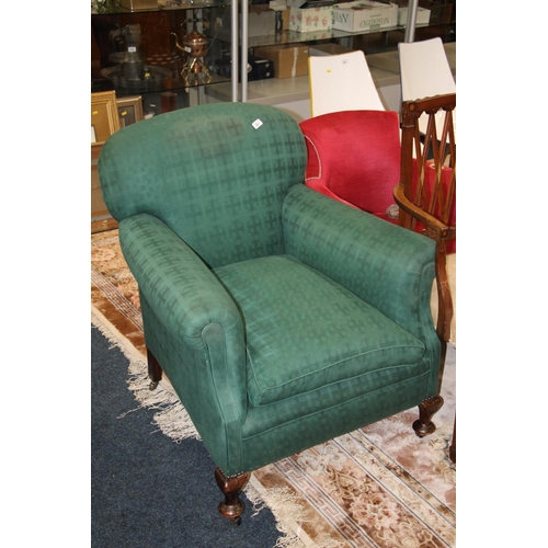 681 - Padded green upholstered armchair and a pink upholstered armchair.