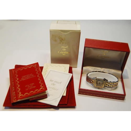 176 - Lady's Must de Cartier bracelet watch, quartz, stainless steel and gold, with guarantee, 1989, box a... 