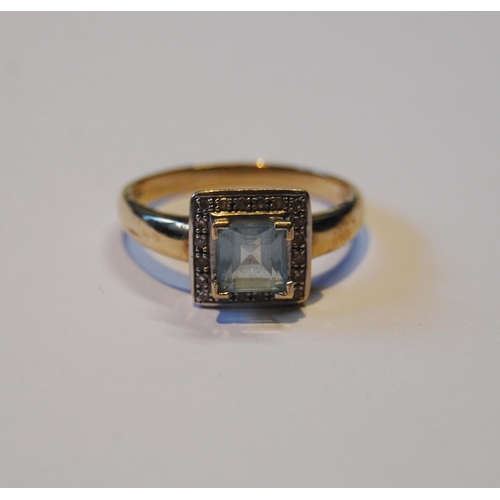 104 - Aquamarine and diamond square cluster ring in 9ct gold, size T, 3.7g gross.