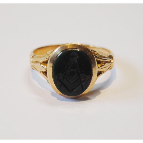 107 - Gold signet ring with Masonic intaglio on bloodstone, probably American, '10k', size S, 5g gross.