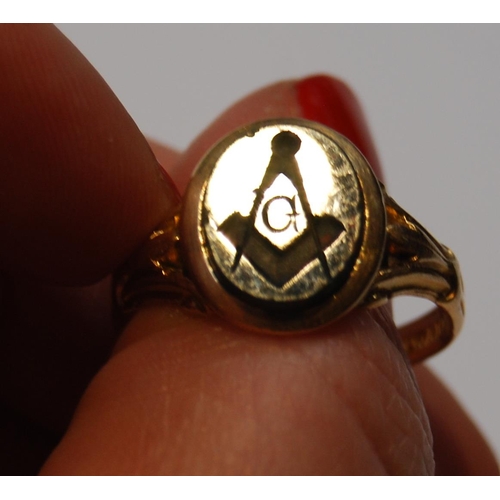 107 - Gold signet ring with Masonic intaglio on bloodstone, probably American, '10k', size S, 5g gross.