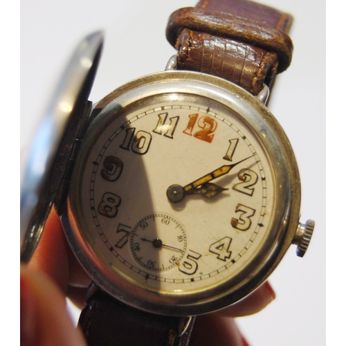 177 - Silver hunter wristwatch of trench style, 'red twelve', '800', stamped 'Brevet' to the inner casing,... 