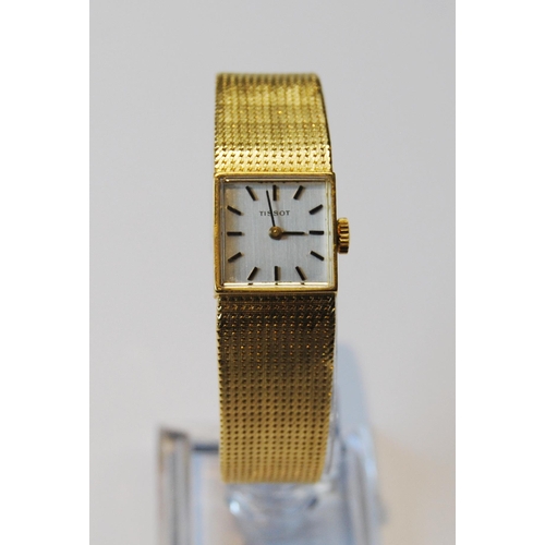 179 - Lady's Tissot 18ct gold watch with square dial, on integral Milanese bracelet, 41g including movemen... 