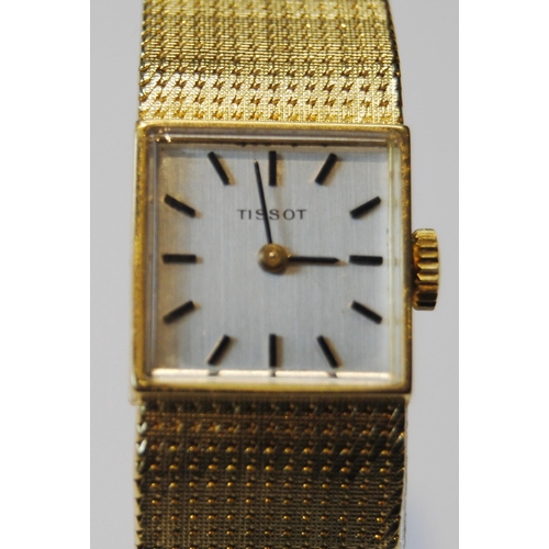 179 - Lady's Tissot 18ct gold watch with square dial, on integral Milanese bracelet, 41g including movemen... 