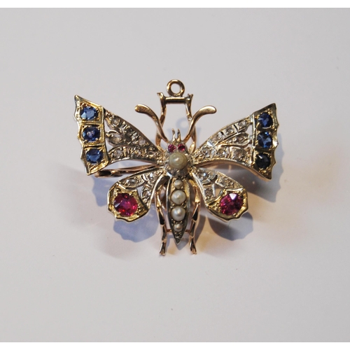 115 - Victorian butterfly brooch with detachable pendant set with rubies, sapphires and diamond points, in... 