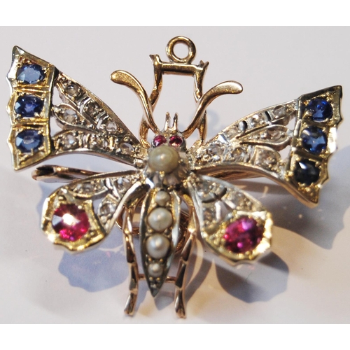 115 - Victorian butterfly brooch with detachable pendant set with rubies, sapphires and diamond points, in... 