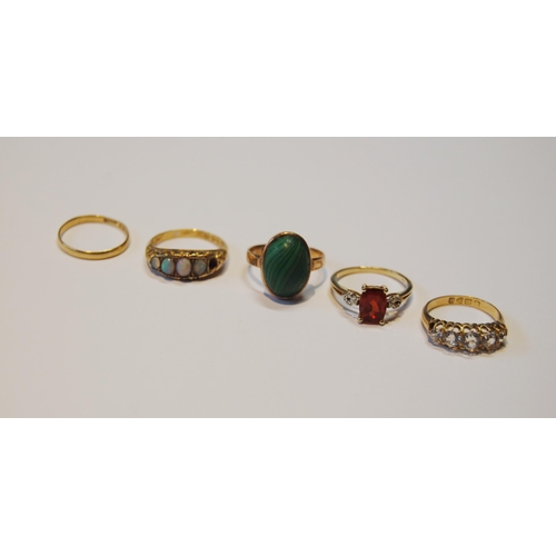 124 - Five 9ct gold gem and other rings, three size L, one size K and one size M, 11.7g gross.  (5)