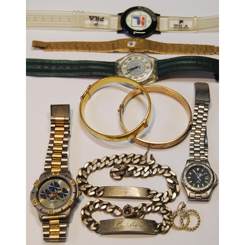 128 - Two silver bracelets, two bangles, five watches and various other items.