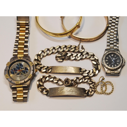 128 - Two silver bracelets, two bangles, five watches and various other items.