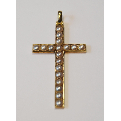 129 - Victorian 15ct gold cross pendant with pearls, 4.4g gross.