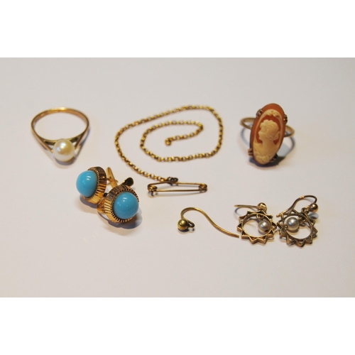 131 - Pair of Italian gold ear clips, another pair, a cameo ring, a pearl ring and other items.