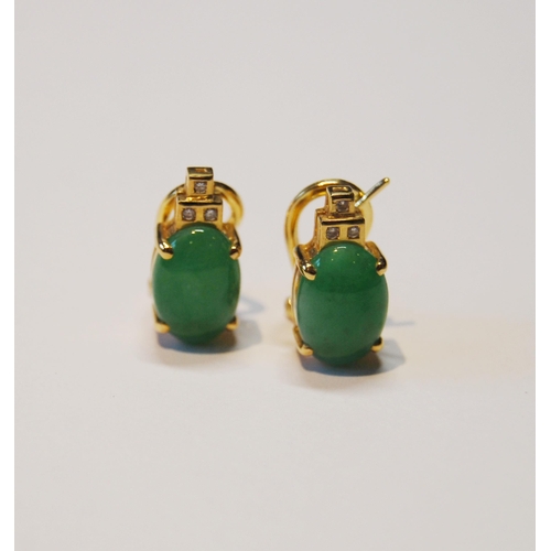 140 - Pair of jadeite ear clips, oval cabochons and tiny diamonds, in gold, '18k', 7.5g gross.