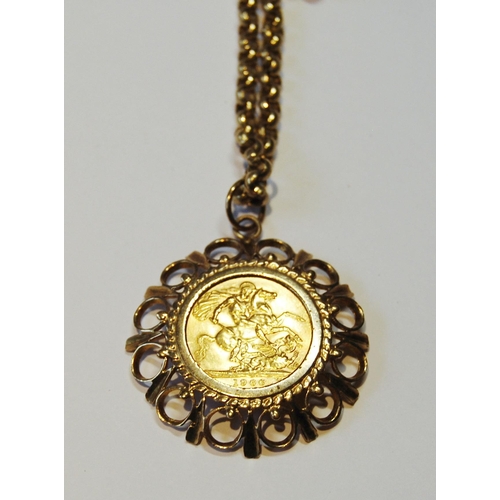 164 - Gold sovereign, 1966, in detachable 9ct gold pendant, on similar necklet, 44.4g.