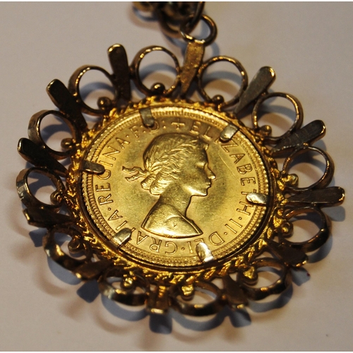 164 - Gold sovereign, 1966, in detachable 9ct gold pendant, on similar necklet, 44.4g.