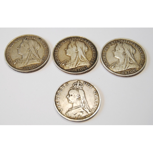 168 - Three late Victorian silver crowns with Queen Victoria old head to obverse and Britannia on horsebac... 