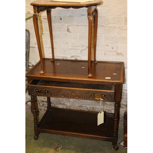 623 - Late 19th century console table with single carved frieze drawer and later added castors, and a smal... 