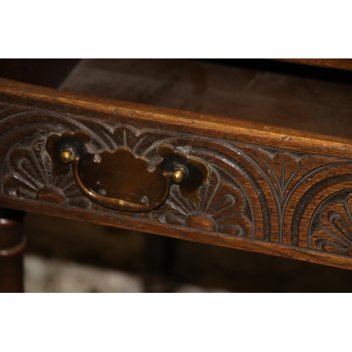 623 - Late 19th century console table with single carved frieze drawer and later added castors, and a smal... 