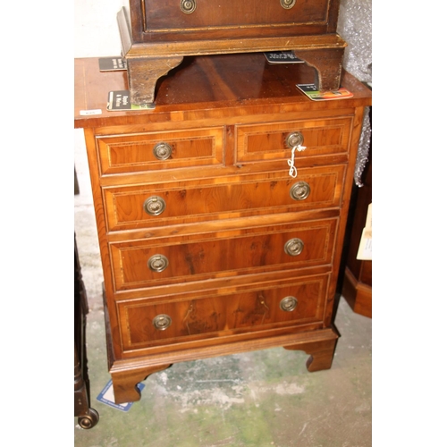 625 - Mahogany chest of two short over three long drawers, with satinwood inlay, raised on bracket feet, 7... 