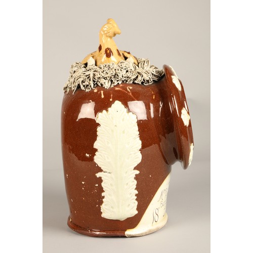 41 - 19th century Cumnock pottery salt crock with hen and chick on the top, inscribed 'Mrs Easdale Bargan... 