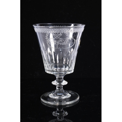 256A - Victorian glass goblet, tapering bowl, half slice cut with etched crest and personalised decoration ... 