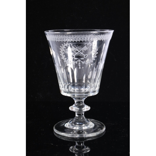 256A - Victorian glass goblet, tapering bowl, half slice cut with etched crest and personalised decoration ... 