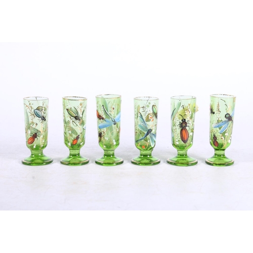 263 - Six Bohemian green glass liqueur glasses with enamel decoration of insects in the manner of Moser, 7... 