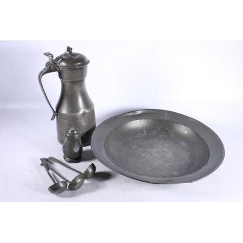 270 - Pewter to include a tappit hen, a 19th century large plate, a small container and small ladles.