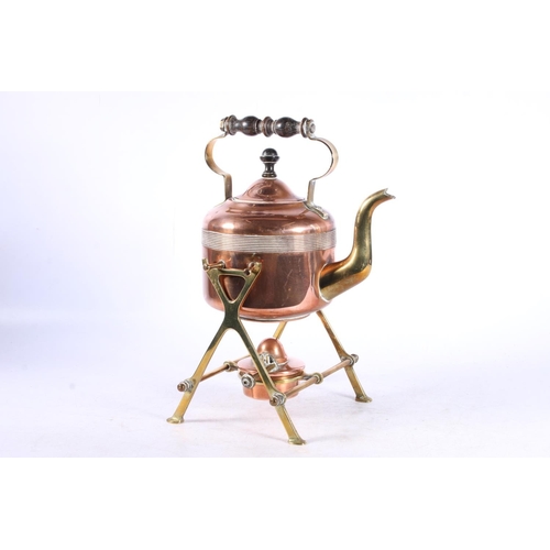 271 - Copper and brass spirit kettle, 29cm high.