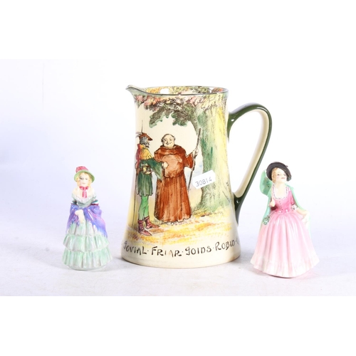 278 - Royal Doulton Robin Hood Series Ware jug, and two small Royal Doulton figurines.  (3)