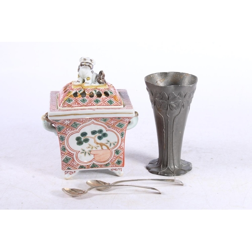 283 - German Art Nouveau pewter vase, two hallmarked silver spoons and a modern Chinese koro, 13cm.