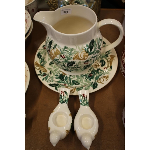 308 - Emma Bridgewater Pottery to include a Christmas design water jug, a stand, and two matching candleho... 